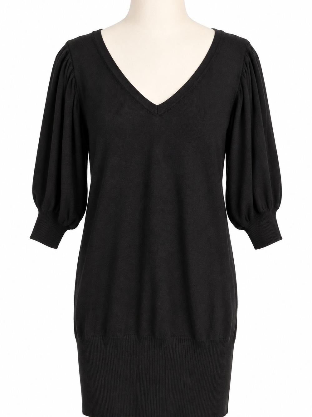 Max Studio Black Tulip Tunic Sweater V-Neck Puff Sleeve Stretch Size L